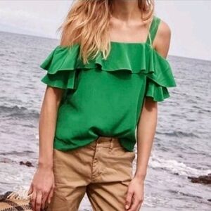 NWT J Crew Womens Cold Shoulder Ruffle Tank Top Green Ruffle Sleeve Sz 2